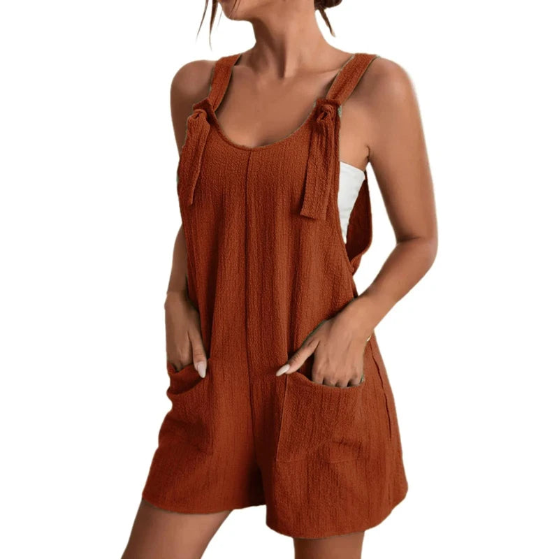 Strappy Sleeveless Romper with Pockets - Loose Solid Summer Jumpsuit