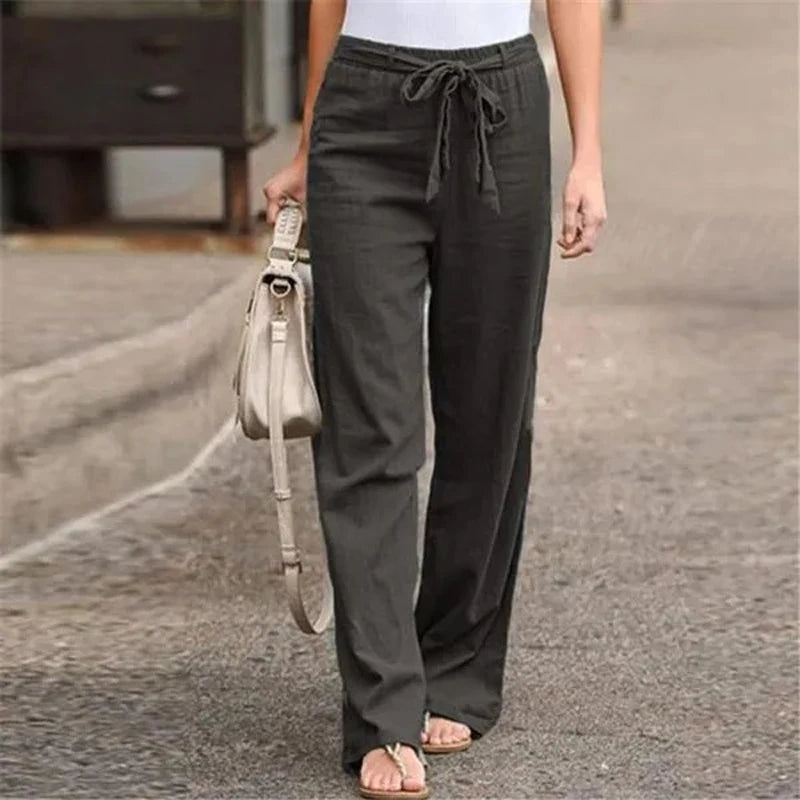 Cotton Linen Lace-Up Wide Leg Pants - Loose Elastic Waist Trousers