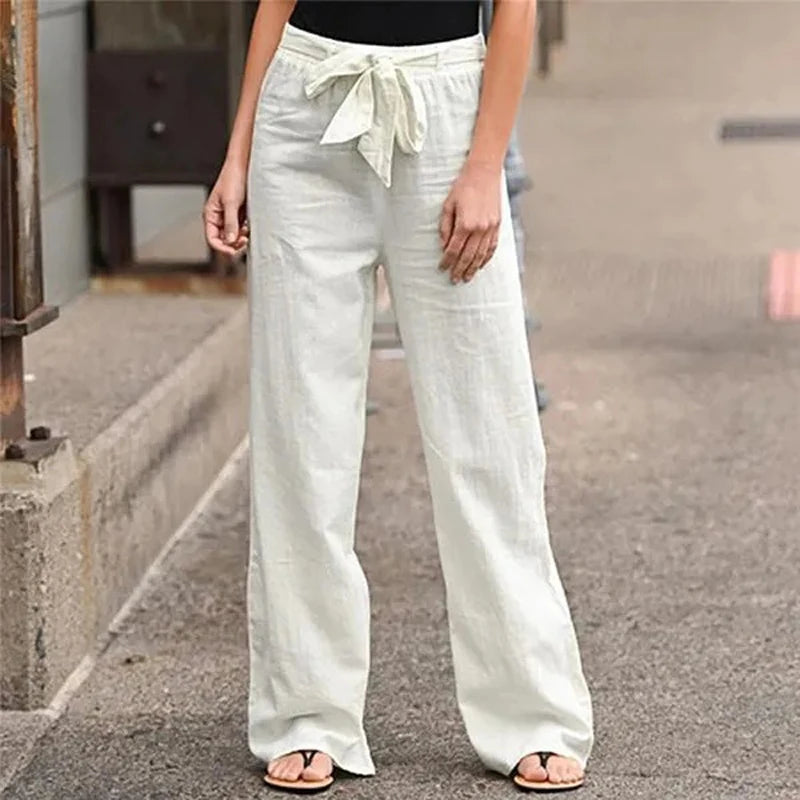 Cotton Linen Lace-Up Wide Leg Pants - Loose Elastic Waist Trousers