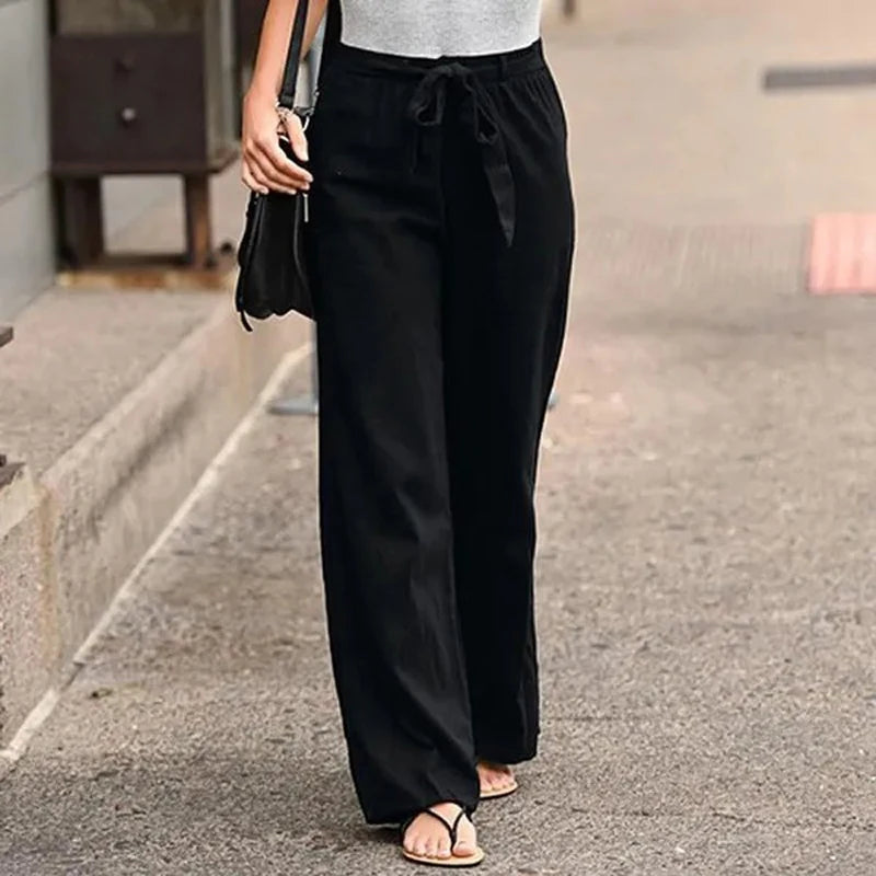 Cotton Linen Lace-Up Wide Leg Pants - Loose Elastic Waist Trousers