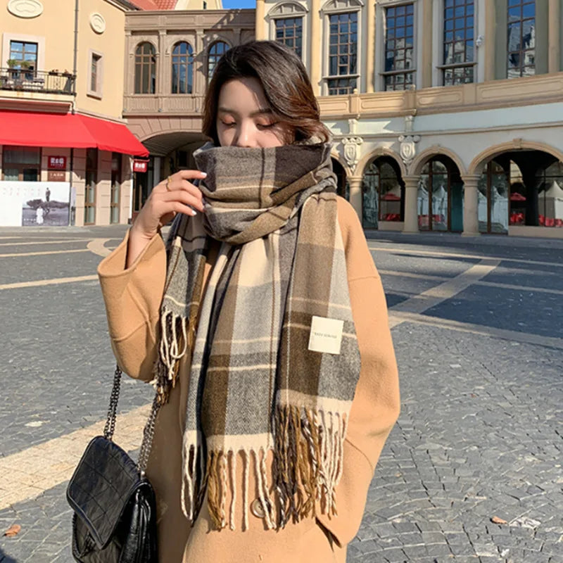 Plaid Cashmere-Feel Winter Scarf - Long Tassel Shawl Wrap