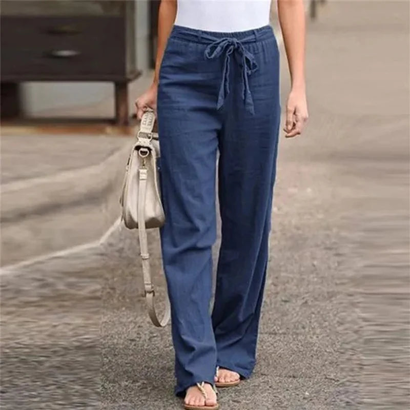Cotton Linen Lace-Up Wide Leg Pants - Loose Elastic Waist Trousers