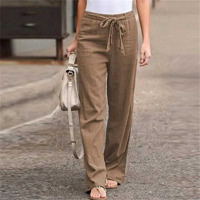 Cotton Linen Lace-Up Wide Leg Pants - Loose Elastic Waist Trousers