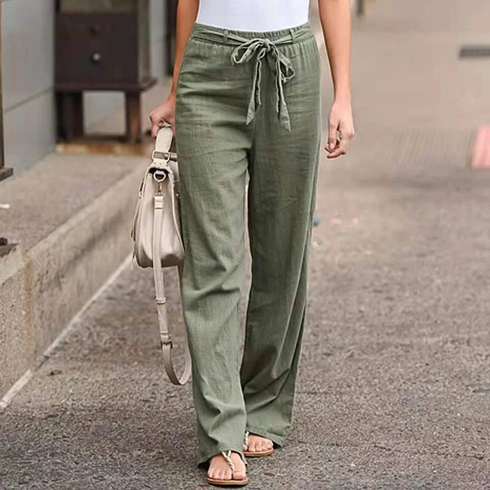 Cotton Linen Lace-Up Wide Leg Pants - Loose Elastic Waist Trousers