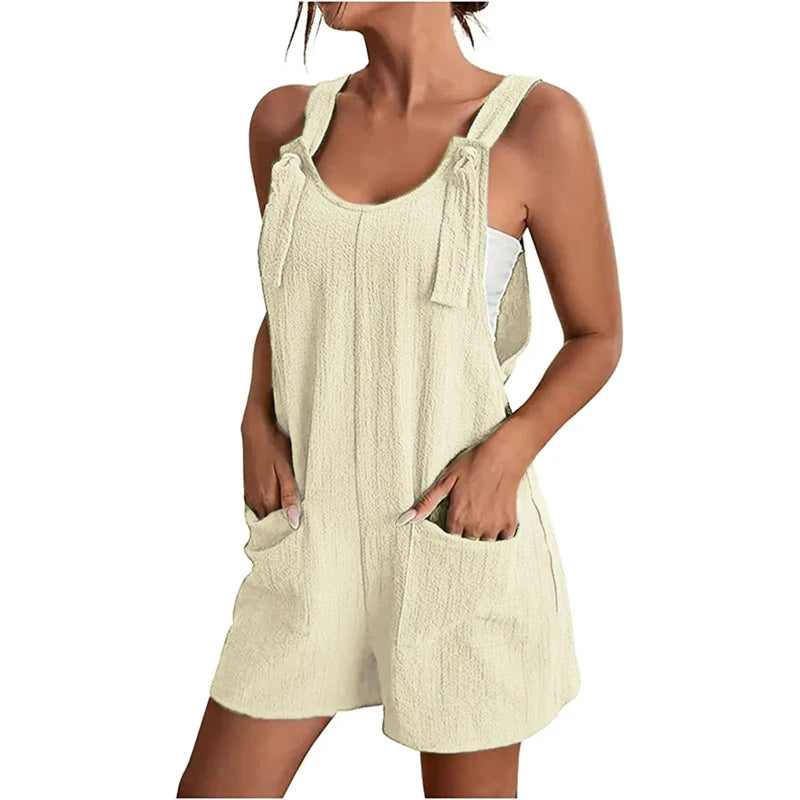 Strappy Sleeveless Romper with Pockets - Loose Solid Summer Jumpsuit