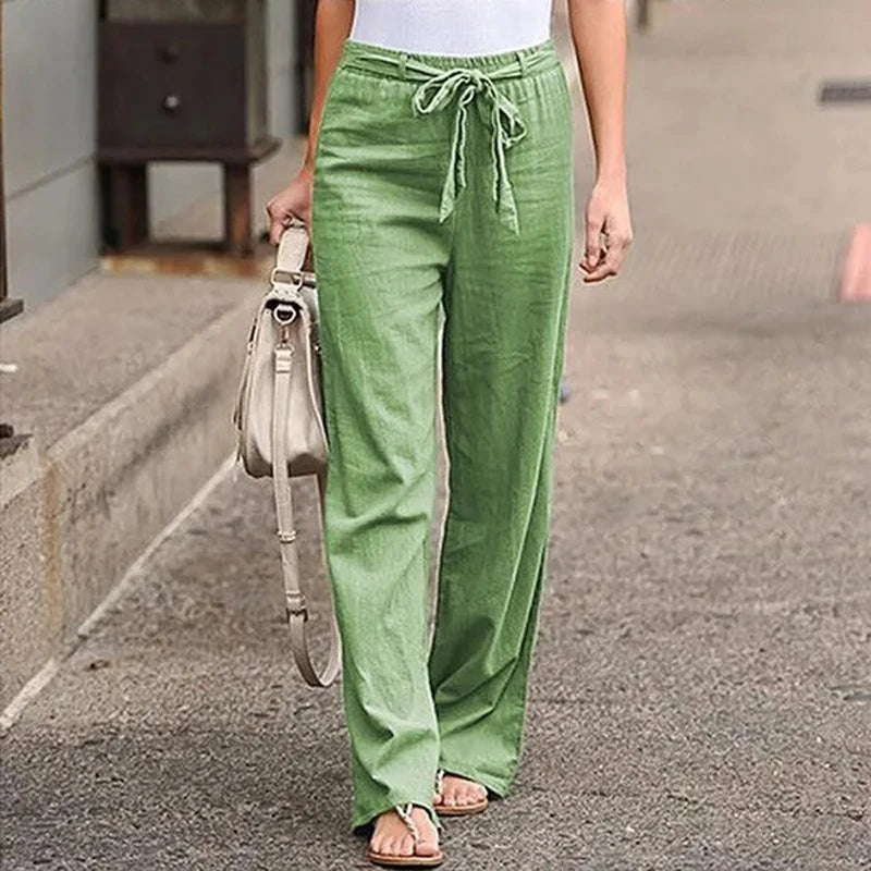Cotton Linen Lace-Up Wide Leg Pants - Loose Elastic Waist Trousers
