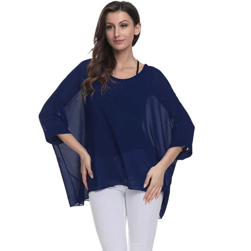 Plus Size Batwing Chiffon Blouse - Boho Loose Summer Shirt
