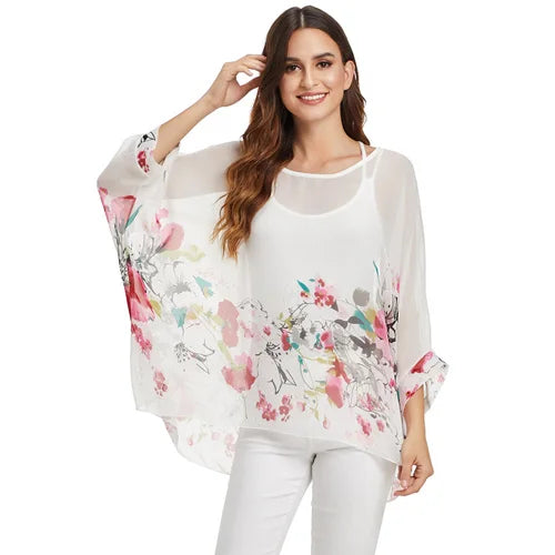 Plus Size Batwing Chiffon Blouse - Boho Loose Summer Shirt