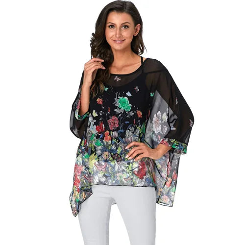 Plus Size Batwing Chiffon Blouse - Boho Loose Summer Shirt