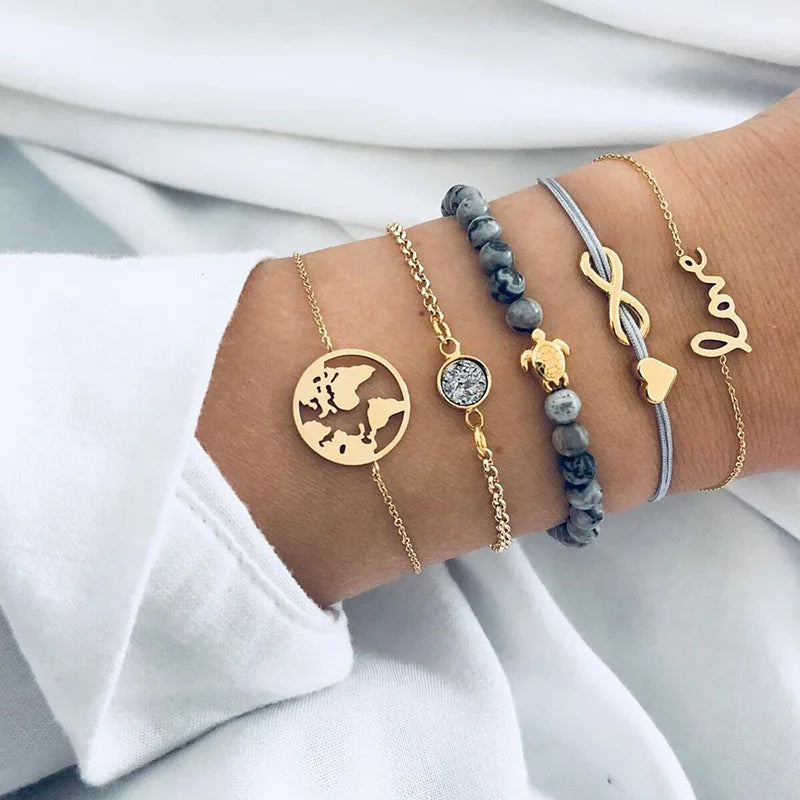 Boho Geometric Bracelet Set - Star Map Heart Charm Jewelry