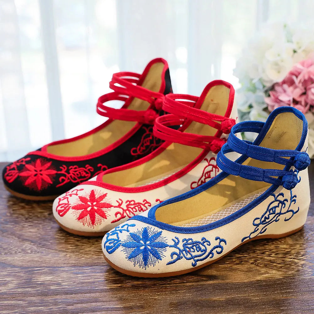 Sunflower Embroidered Ballet Flats - Canvas Ankle Strap Casual Shoes