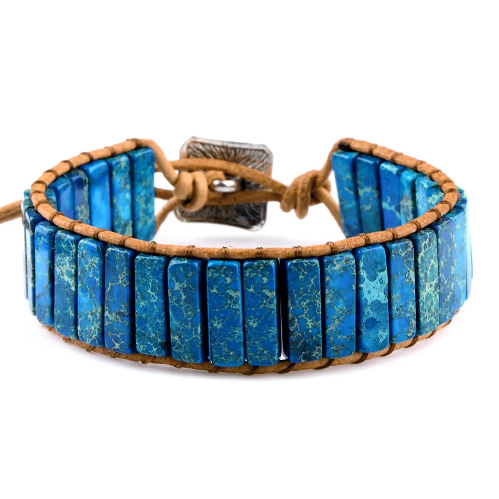 Multicolor Natural Stone Leather Wrap Bracelet - Tibetan Gypsy Bead Jewelry
