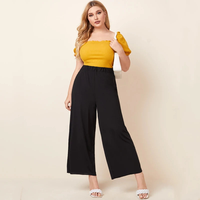 Plus Size Wide Leg Pants - Elastic Waist Black Summer Trousers