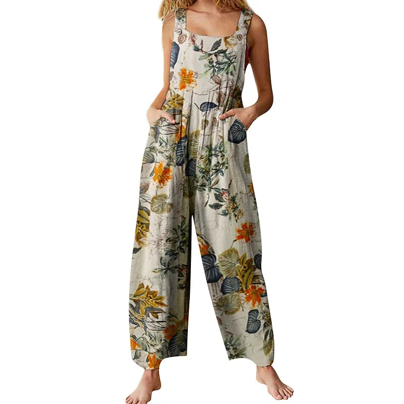 Leaf Print Sleeveless Jumpsuit - Loose Backless Summer Playsuit