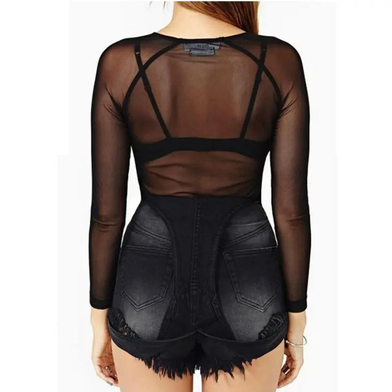 Sheer Black Mesh Long Sleeve Top - Transparent Punk Clubwear Tee
