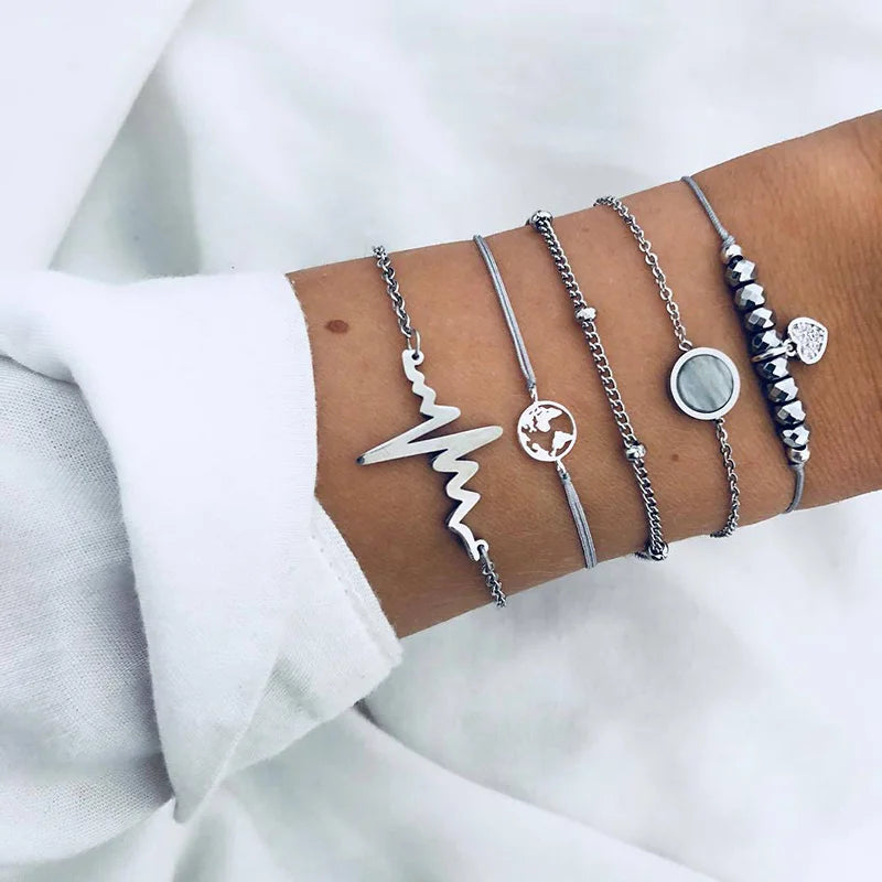 Boho Geometric Bracelet Set - Star Map Heart Charm Jewelry