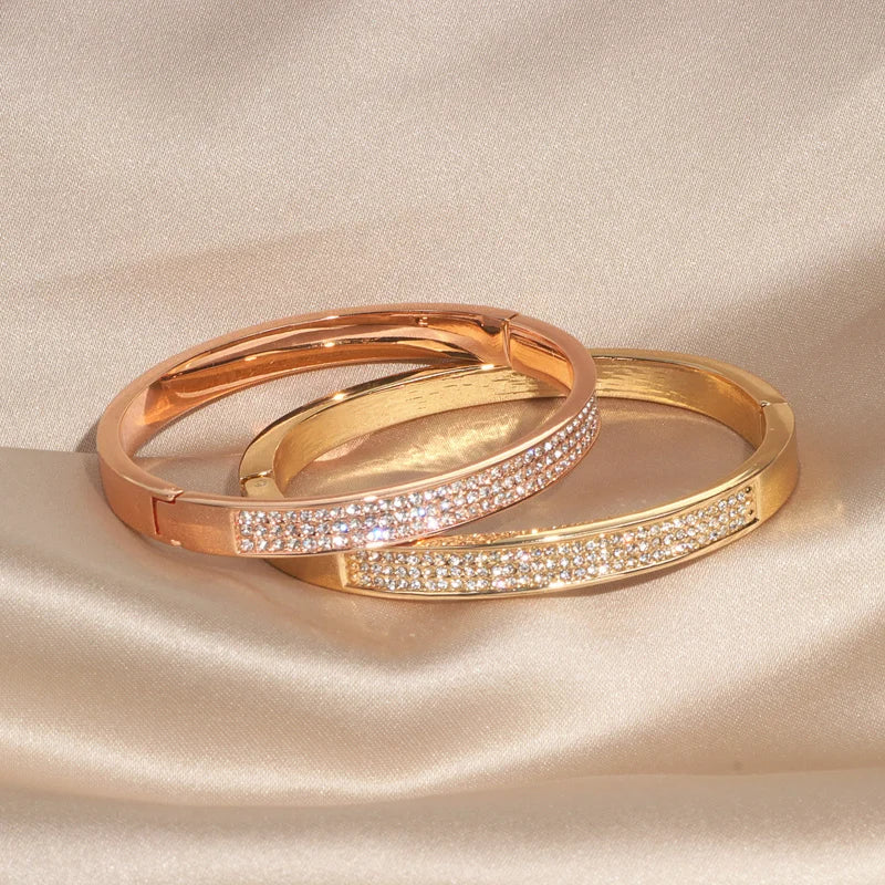 Elegant Crystal Cuff Bangle Bracelet - Gold Tone Wedding Jewelry