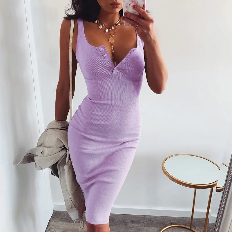 V Neck Button Slip Dress - Slim Wrap Hip Office Party Skirt