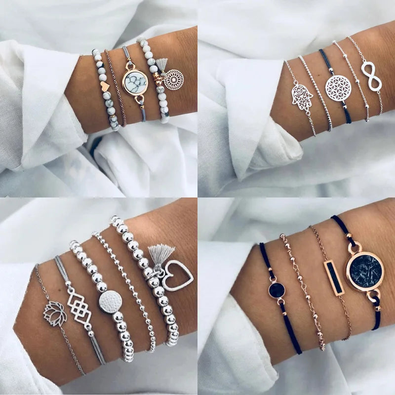 Boho Geometric Bracelet Set - Star Map Heart Charm Jewelry