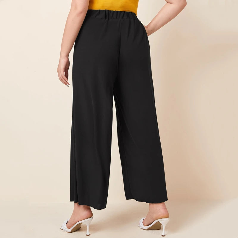 Plus Size Wide Leg Pants - Elastic Waist Black Summer Trousers