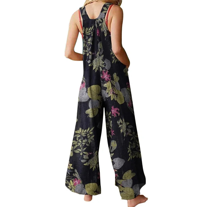 Leaf Print Sleeveless Jumpsuit - Loose Backless Summer Playsuit