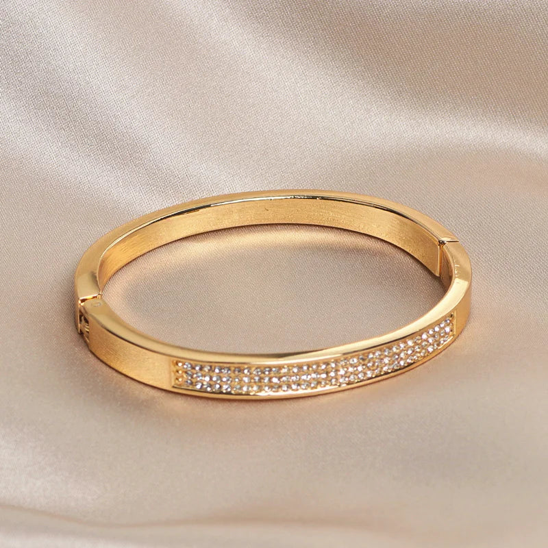 Elegant Crystal Cuff Bangle Bracelet - Gold Tone Wedding Jewelry