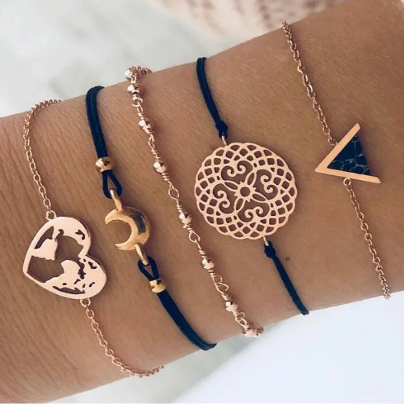 Boho Geometric Bracelet Set - Star Map Heart Charm Jewelry