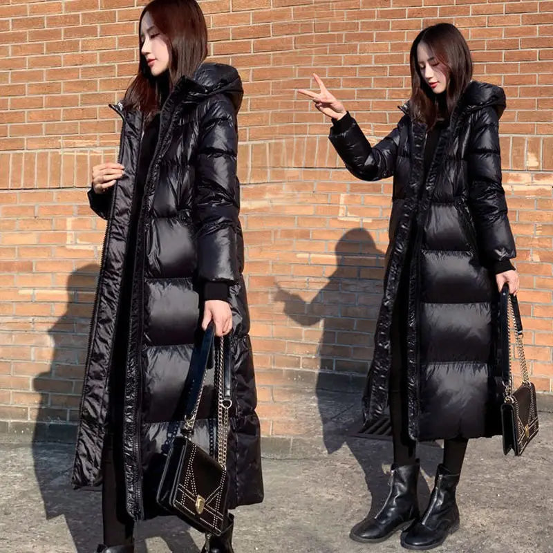 Glossy Black Hooded Parka - Thick Windproof Winter Coat