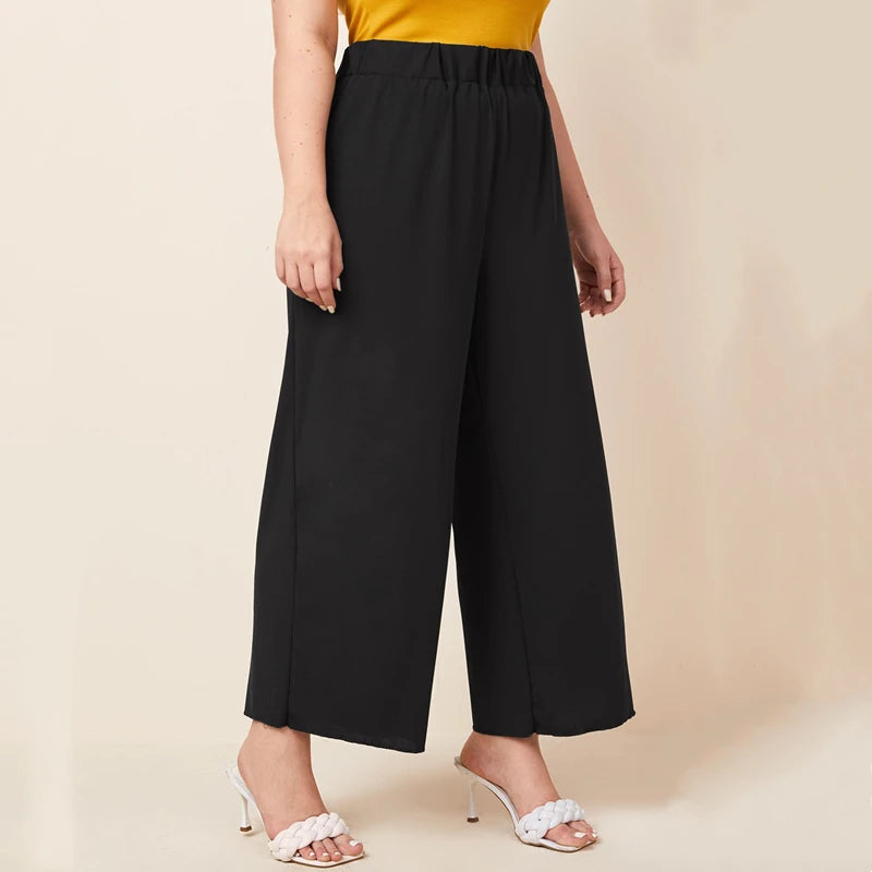 Plus Size Wide Leg Pants - Elastic Waist Black Summer Trousers