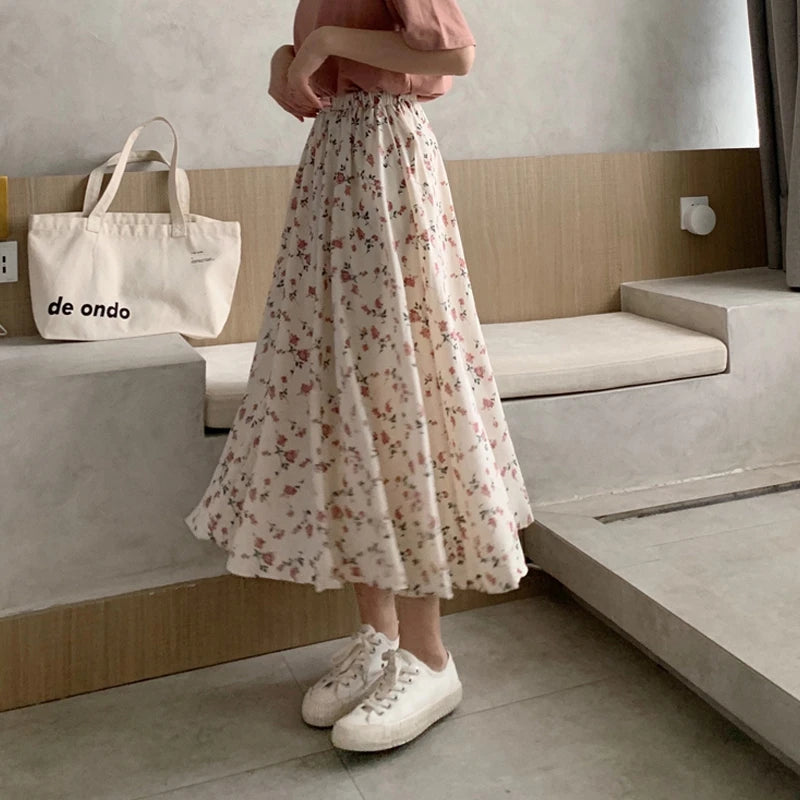 Vintage Floral Pleated Midi Skirt - Drawstring Elastic Waist Summer Skirt