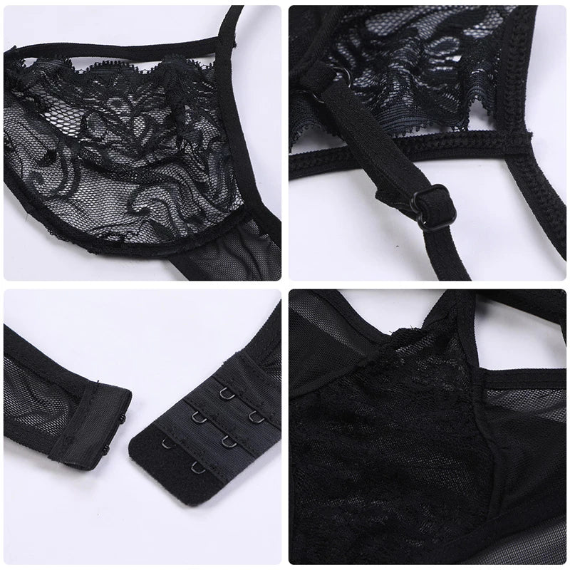 Hollow Out Lace Bra and Thong Set - Tie-Up Nightwear Lingerie