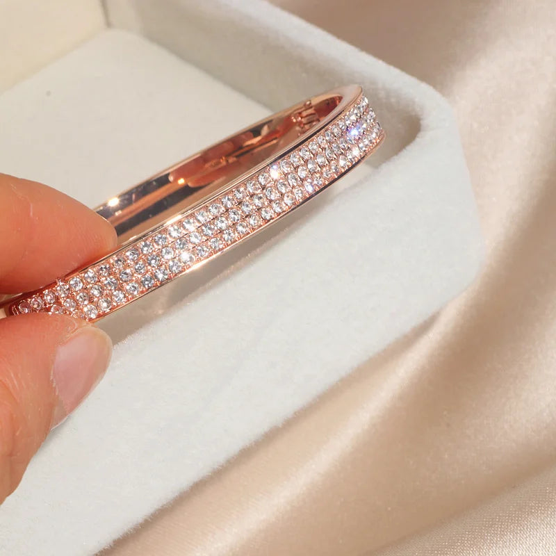 Elegant Crystal Cuff Bangle Bracelet - Gold Tone Wedding Jewelry