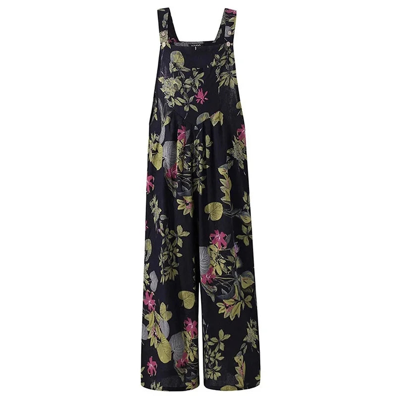 Leaf Print Sleeveless Jumpsuit - Loose Backless Summer Playsuit
