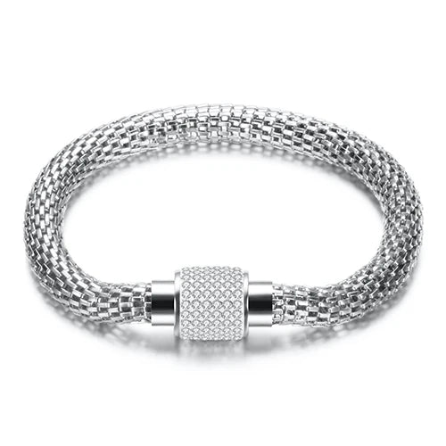 Rhinestone Stainless Steel Magnetic Clasp Bracelet - Crystal Charm Bangle