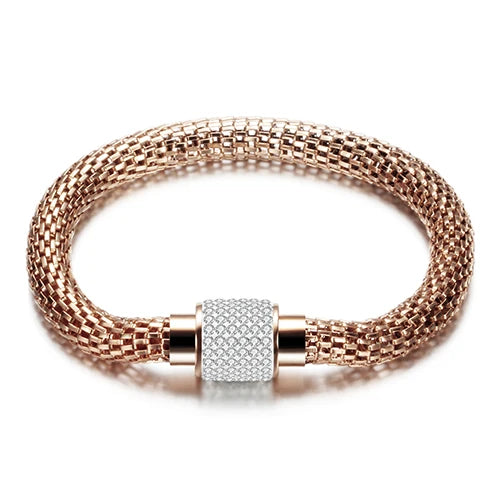 Rhinestone Stainless Steel Magnetic Clasp Bracelet - Crystal Charm Bangle