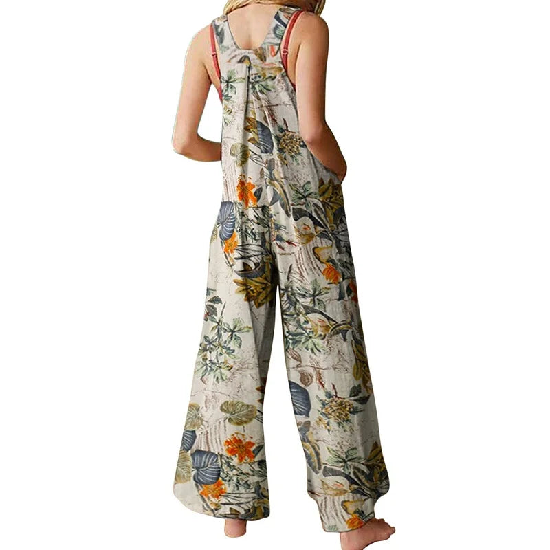Leaf Print Sleeveless Jumpsuit - Loose Backless Summer Playsuit