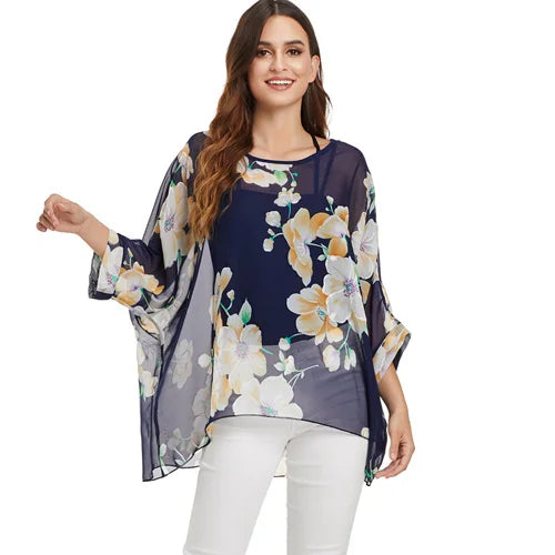 Plus Size Batwing Chiffon Blouse - Boho Loose Summer Shirt