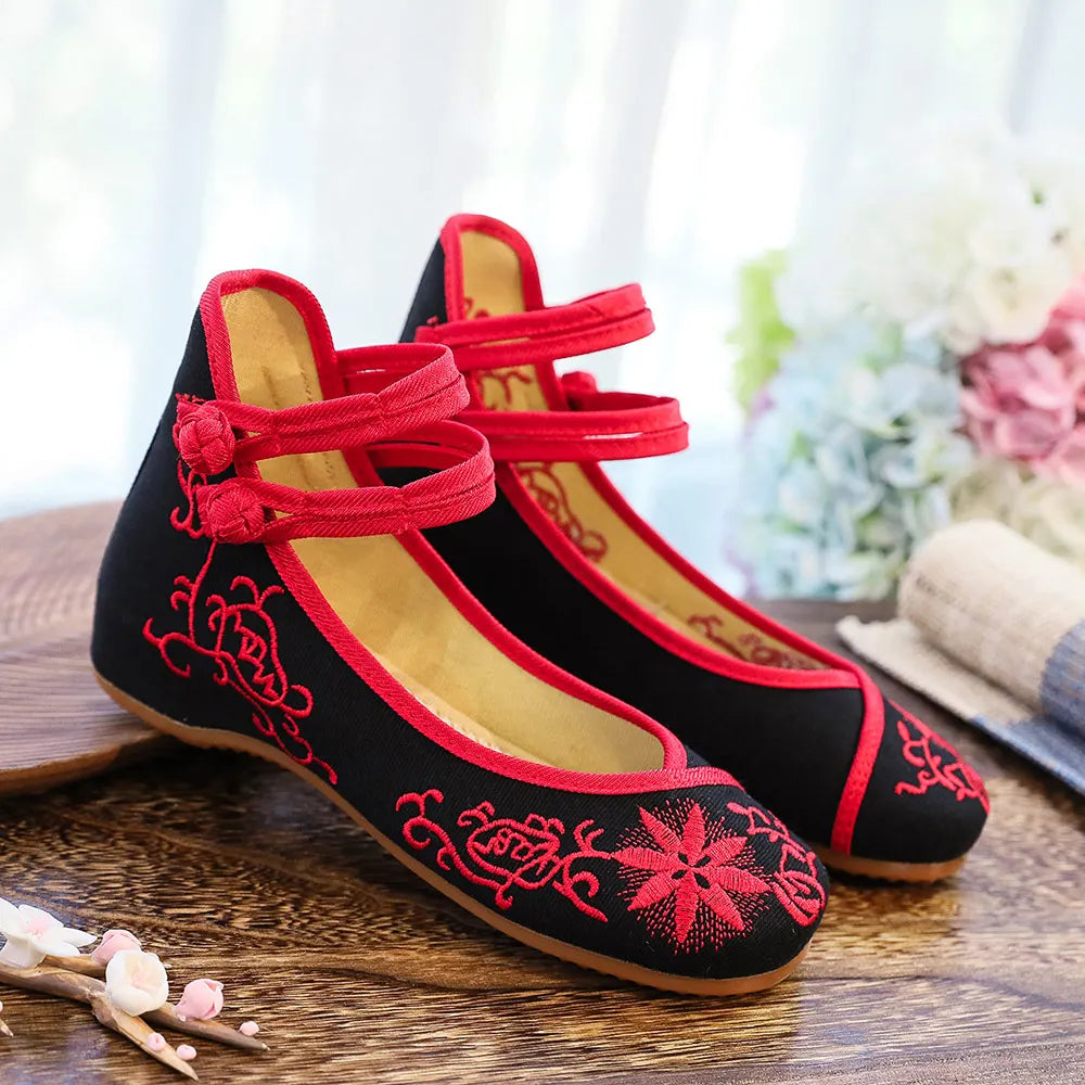 Sunflower Embroidered Ballet Flats - Canvas Ankle Strap Casual Shoes