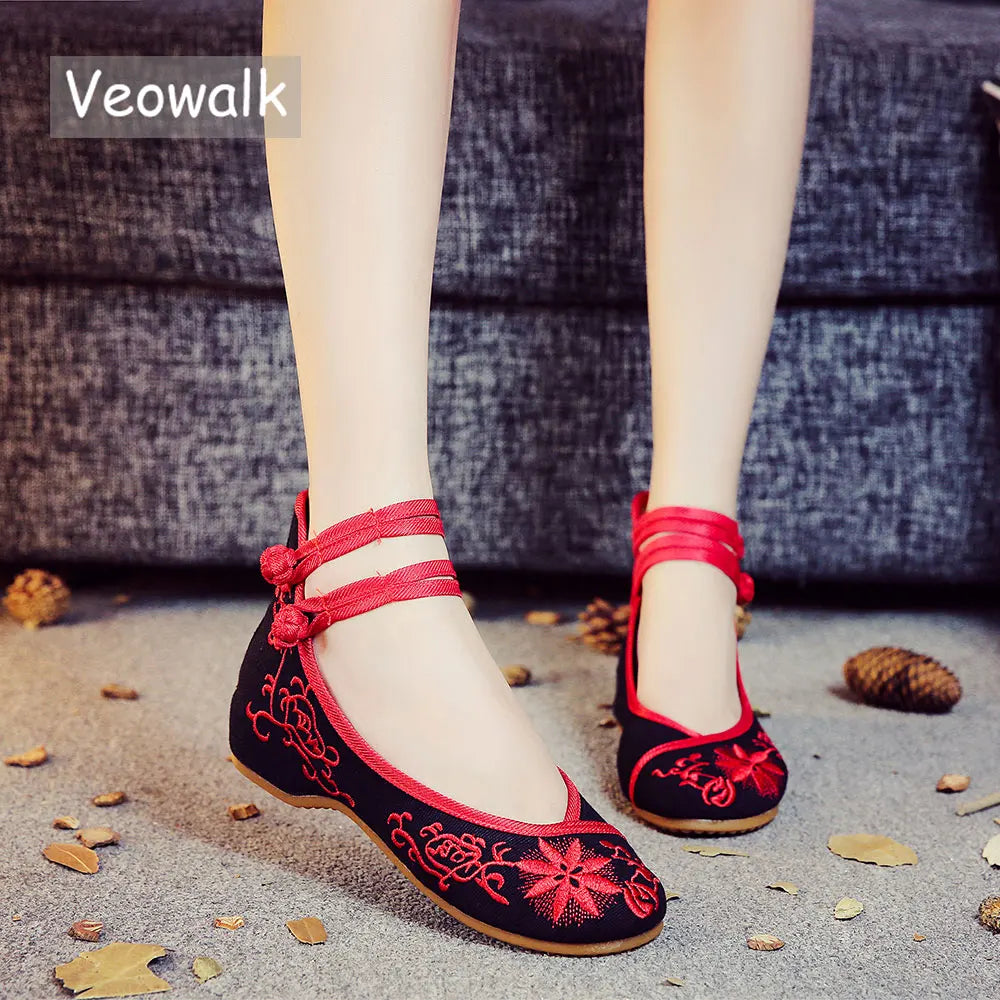 Sunflower Embroidered Ballet Flats - Canvas Ankle Strap Casual Shoes
