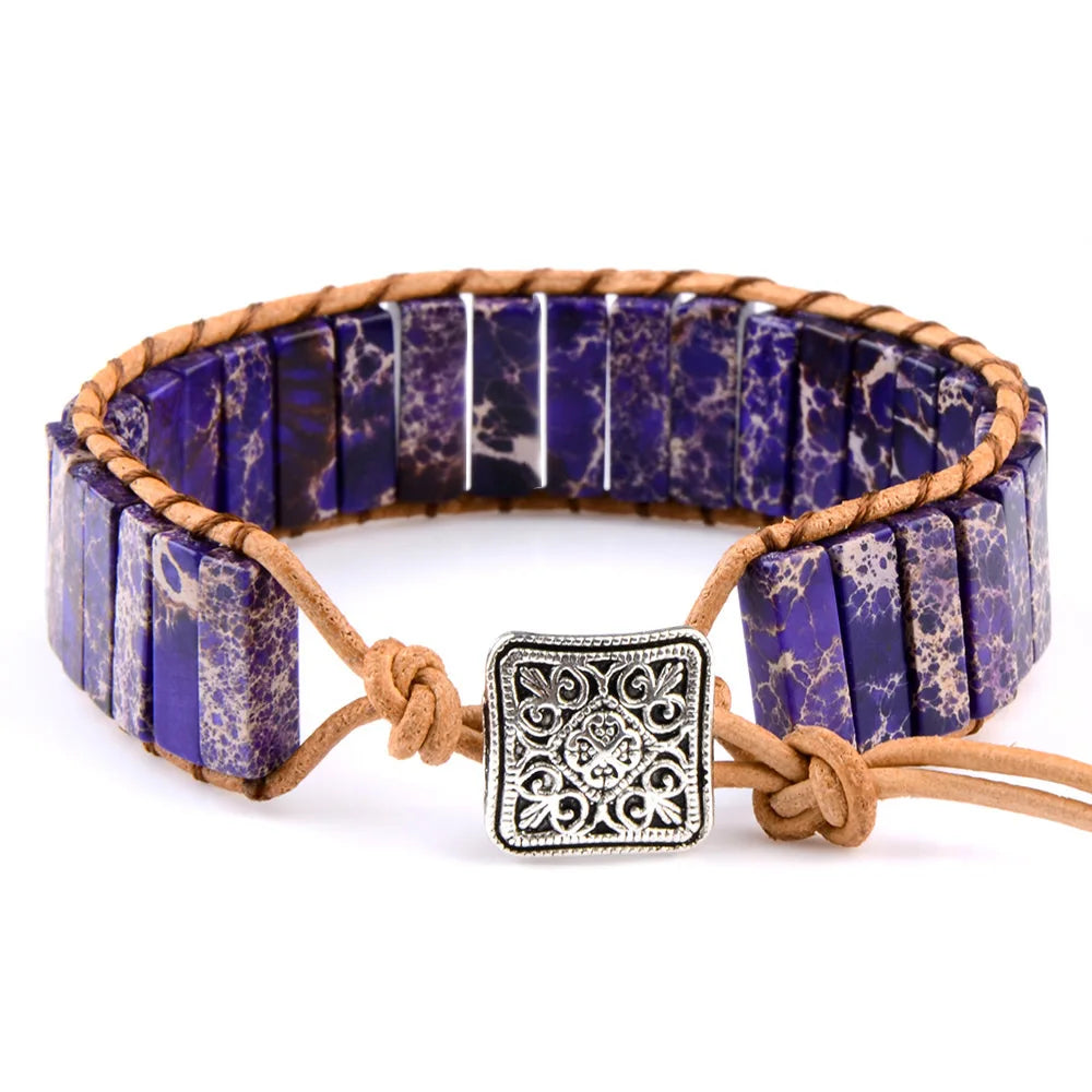 Multicolor Natural Stone Leather Wrap Bracelet - Tibetan Gypsy Bead Jewelry