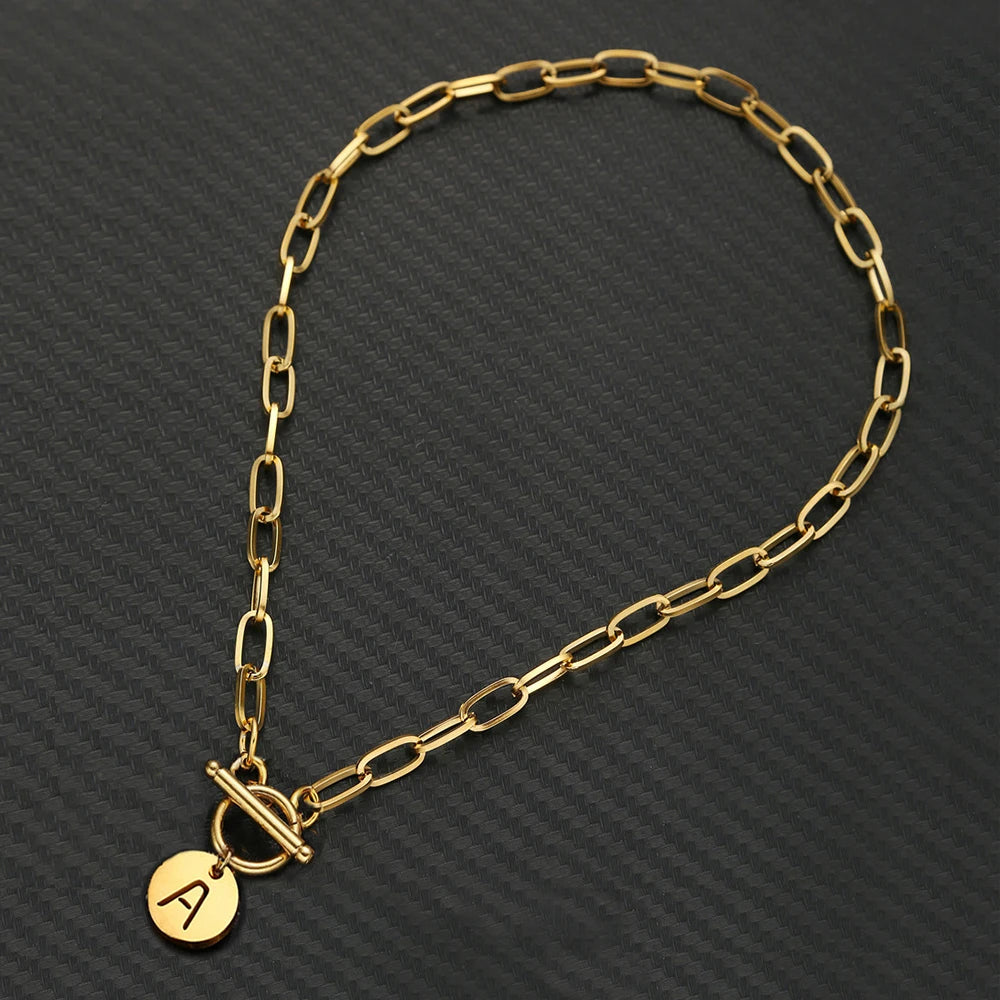 Custom Initial Paper Clip Necklace - Stainless Steel Toggle Choker