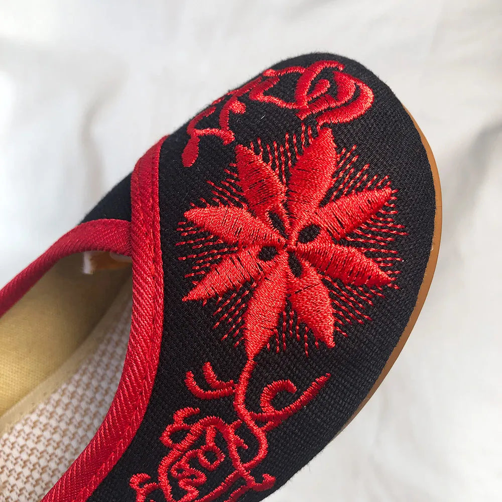 Sunflower Embroidered Ballet Flats - Canvas Ankle Strap Casual Shoes