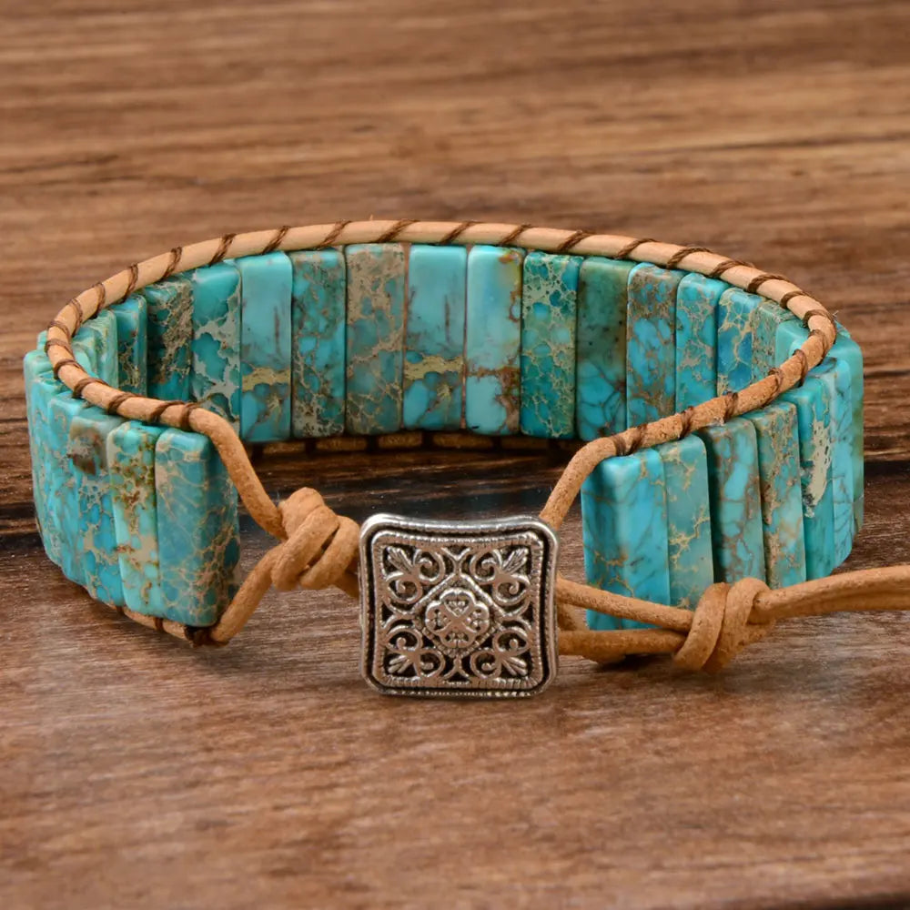 Multicolor Natural Stone Leather Wrap Bracelet - Tibetan Gypsy Bead Jewelry