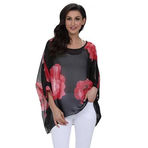 Plus Size Batwing Chiffon Blouse - Boho Loose Summer Shirt