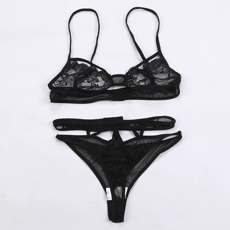 Hollow Out Lace Bra and Thong Set - Tie-Up Nightwear Lingerie
