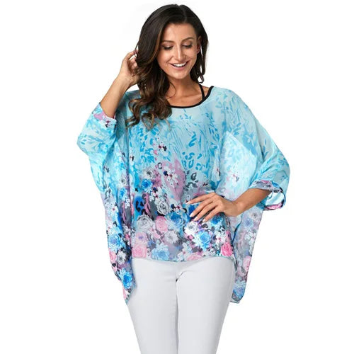 Plus Size Batwing Chiffon Blouse - Boho Loose Summer Shirt