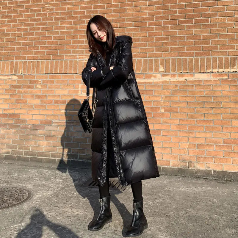Glossy Black Hooded Parka - Thick Windproof Winter Coat