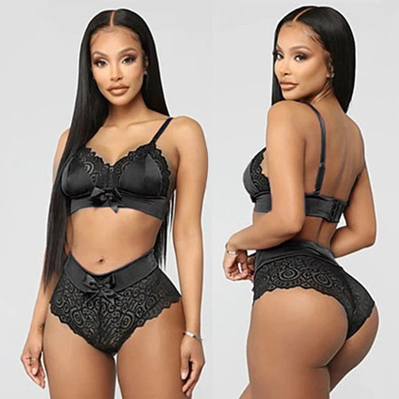 Hollow Out Lace Bra and Thong Set - Tie-Up Nightwear Lingerie