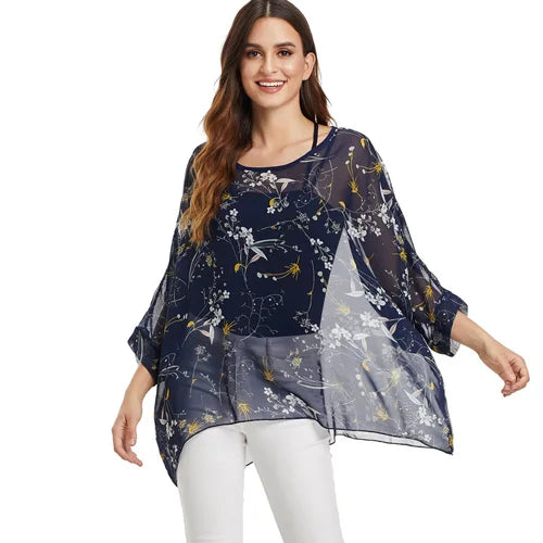 Plus Size Batwing Chiffon Blouse - Boho Loose Summer Shirt