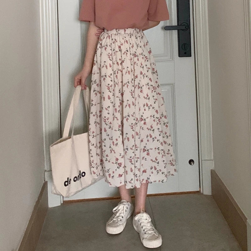 Vintage Floral Pleated Midi Skirt - Drawstring Elastic Waist Summer Skirt